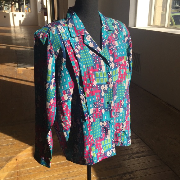 Jewel tone, geometric shape, button-down blouse - Picture 2 of 5